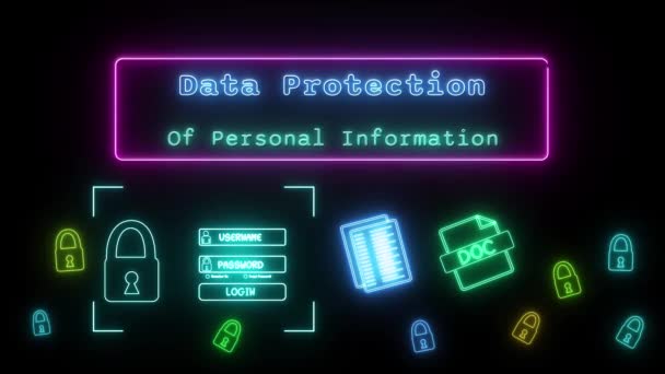 Dataskydd Personlig Information Neon Blå Grön Fluorescerande Text Animation Rosa — Stockvideo