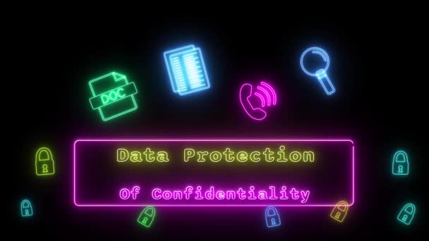 保密数据保护霓虹灯黄粉荧光文字动画黑色背景下的粉色帧 — 图库视频影像