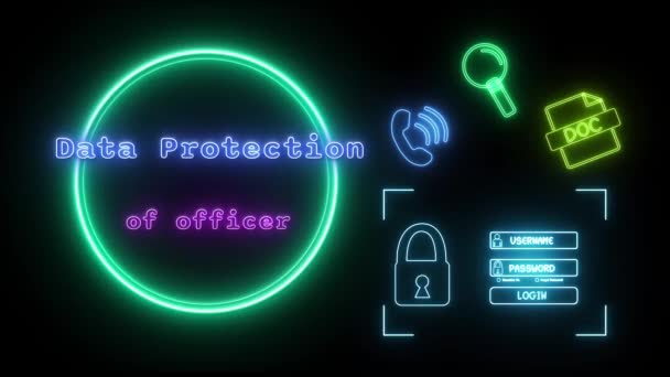 Gegevensbescherming Van Officier Neon Blauw Roze Fluorescerende Tekst Animatie Groen — Stockvideo
