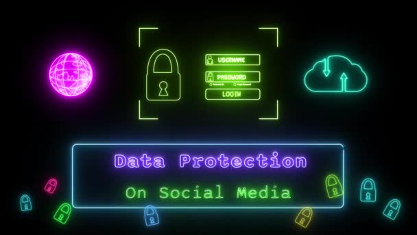 Ochrona Danych Mediach Społecznościowych Neon Green Blue Fluorescencyjny Tekst Animacja — Wideo stockowe