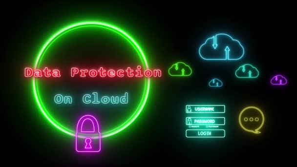 Data Protection Cloud Neon Red Green Fluorescent Text Animation Green — Stock Video