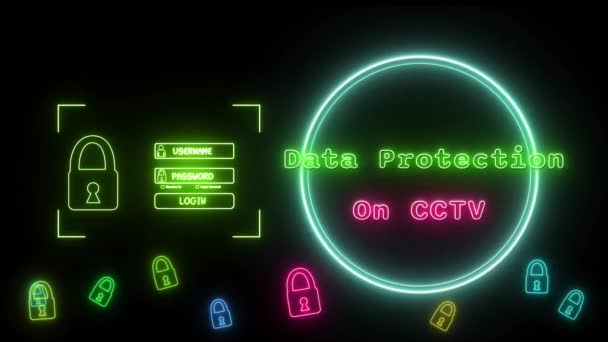 Gegevensbescherming Cctv Neon Groen Roze Fluorescerende Tekst Animatie Blauw Frame — Stockvideo