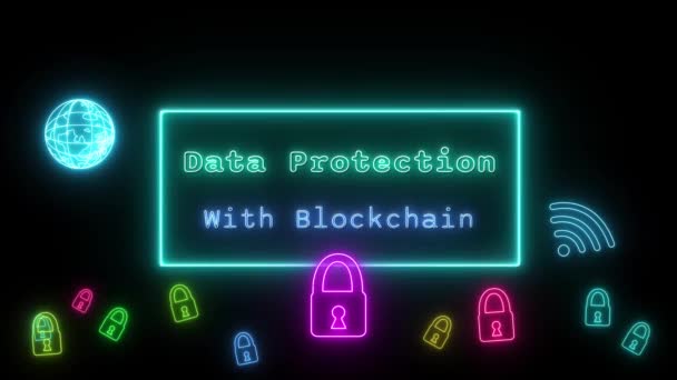 Protection Des Données Avec Blockchain Néon Vert Bleu Fluorescent Text — Video
