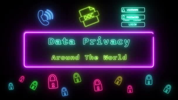 Privacidade Dados Todo Mundo Neon Azul Amarelo Fluorescente Texto Animação — Vídeo de Stock