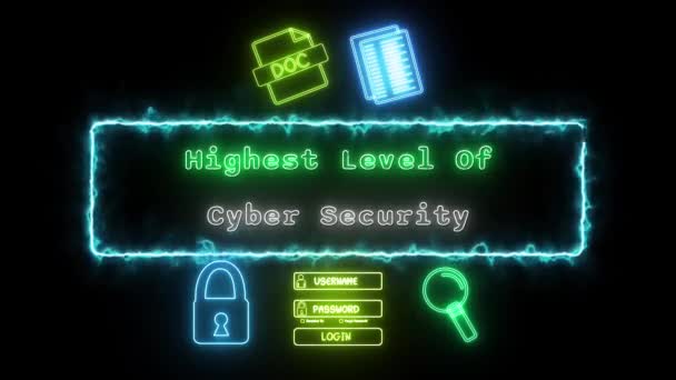 Hoogste Niveau Van Cyberveiligheid Neon Groen Wit Fluorescerende Tekst Animatie — Stockvideo