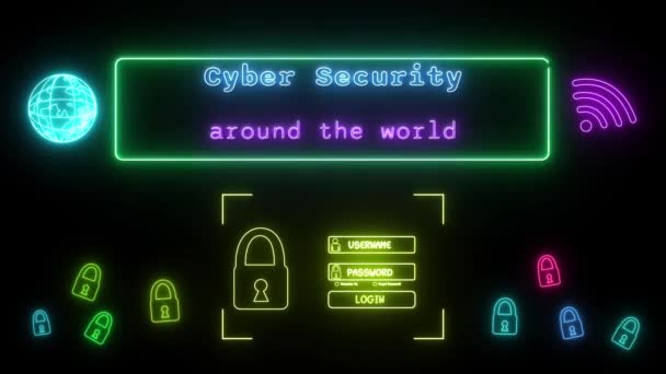 Cyberbezpieczeństwo Całym Świecie Neon Niebiesko Różowy Fluorescencyjny Tekst Animacja Zielona — Wideo stockowe