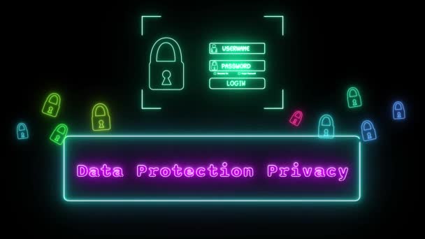Datenschutz Neon Pink Fluoreszierender Text Animation Blauer Rahmen Auf Schwarzem — Stockvideo