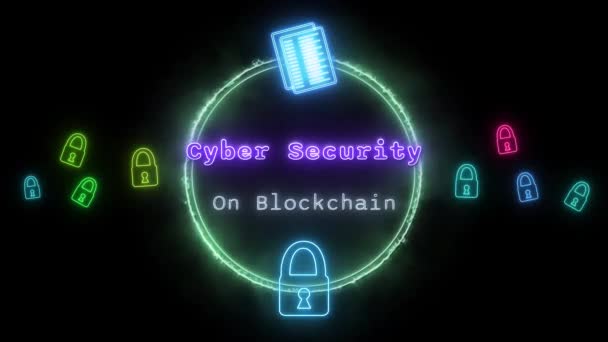 Cyber Sécurité Sur Blockchain Néon Bleu Fluorescent Text Animation Cadre — Video