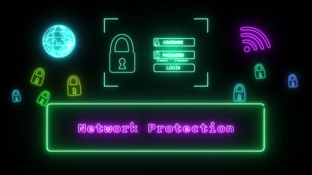 Protection Réseau Néon Rose Fluorescent Text Animation Cadre Vert Sur — Video