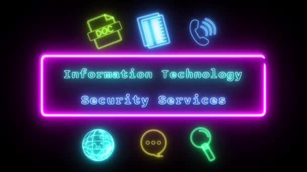 Informatiebeveiliging Neon Groen Blauw Fluorescerende Tekst Animatie Roze Frame Zwarte — Stockvideo