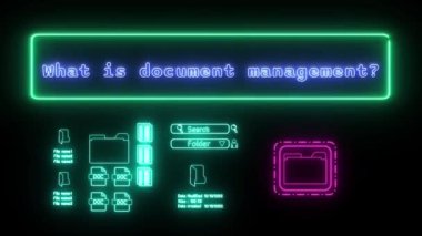 Belge yönetimi nedir Neon mavi floresan Metin Canlandırması siyah arkaplan üzerindeki yeşil çerçeve
