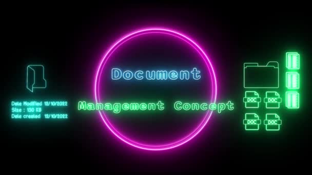 Dokument Management Koncept Neon Grön Blå Fluorescerande Text Animation Rosa — Stockvideo