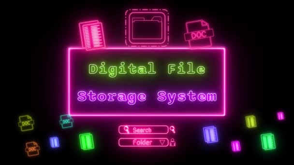 Digitální Systém Ukládání Souborů Neon Gyellow Pink Fluorescent Text Animace — Stock video