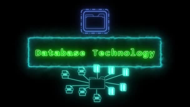 Tecnologia Banco Dados Verde Néon Texto Fluorescente Animação Moldura Azul — Vídeo de Stock