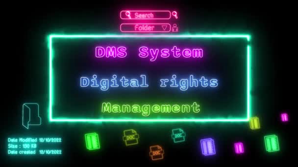 Dms System Digital Rights Management Neon Rosa Grün Fluoreszierender Text — Stockvideo