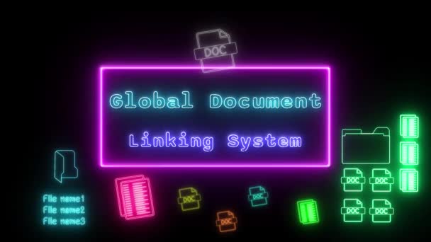 Globální Systém Propojení Dokumentů Neon Purple Blue Fluorescent Text Animace — Stock video