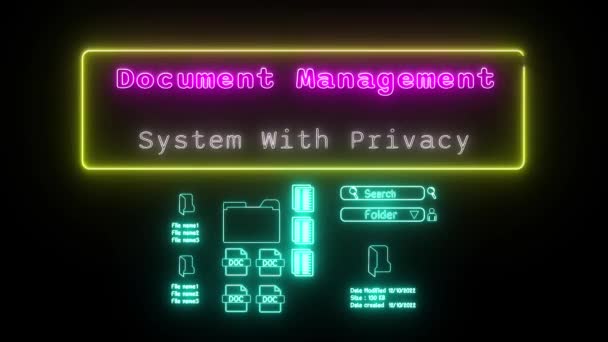 带有隐私的文件管理系统黑人背景的新粉红 白荧光文字动画黄框 — 图库视频影像
