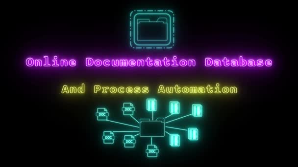 在线文档数据库和过程自动化黑人背景下的霓虹灯 黄色荧光文字动画 — 图库视频影像