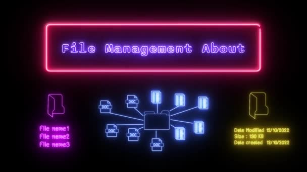 Gerenciamento Arquivos Sobre Neon Roxo Texto Fluorescente Animação Moldura Rosa — Vídeo de Stock