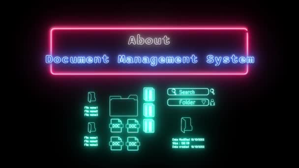 Sobre Sistema Gerenciamento Documentos Neon White Blue Fluorescente Texto Animação — Vídeo de Stock