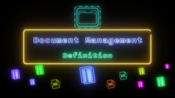 Document Management Definição Neon Verde Azul Texto Fluorescente Animação Moldura — Vídeo de Stock