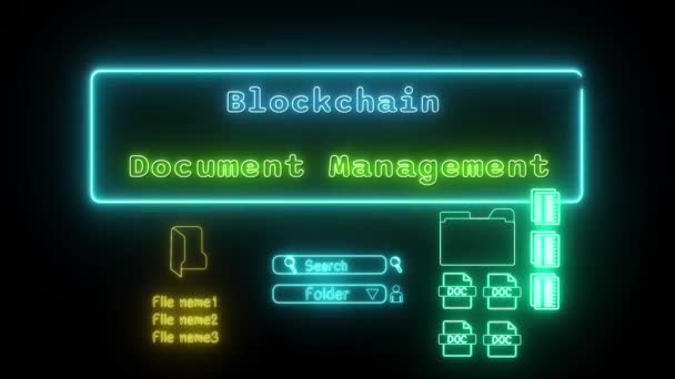 Gerenciamento Documentos Blockchain Neon Verde Azul Fluorescente Texto Animação Moldura — Vídeo de Stock