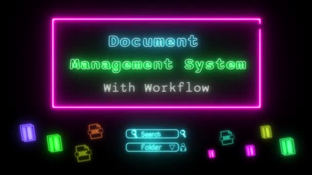 Dokumentenmanagementsystem Mit Workflow Neon Grün Blau Fluoreszierender Text Animation Rosa — Stockvideo