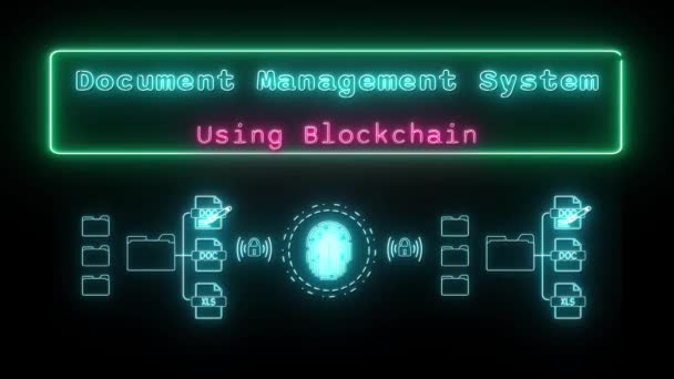 Dokumentenmanagementsystem Mit Blockchain Neon Rosa Blau Fluoreszierender Text Animation Grüner — Stockvideo