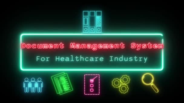 Dokumentenmanagementsystem Für Das Gesundheitswesen Neon Rot Blau Fluoreszierender Text Animation — Stockvideo