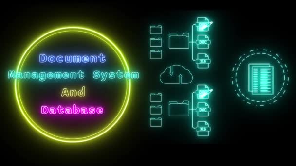 Dokumentenmanagementsystem Und Datenbank Neon Mehrfarbig Fluoreszierender Text Animation Gelber Rahmen — Stockvideo