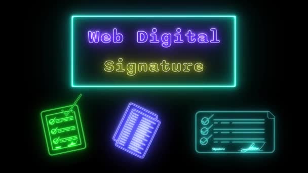 Webový Digitální Podpis Neon Žlutomodrá Fluorescenční Textová Animace Modrý Rámeček — Stock video