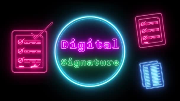 Assinatura Digital Neon Rosa Verde Texto Fluorescente Animação Moldura Azul — Vídeo de Stock