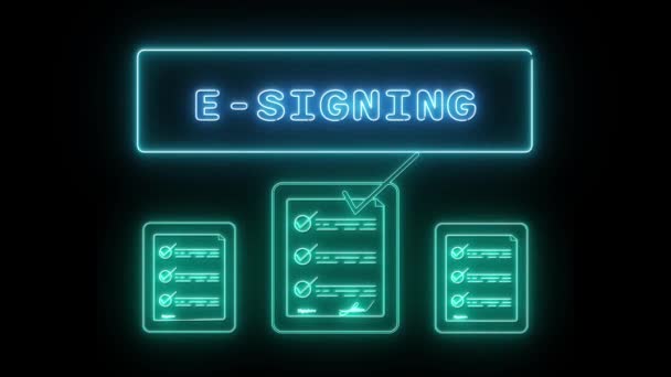 Signing Neon Blue Fluorescent Text Animation Blue Frame Black Background — Stock Video