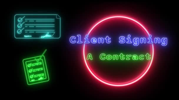 Cliente Assina Contrato Neon Green Blue Fluorescente Texto Animação Moldura — Vídeo de Stock
