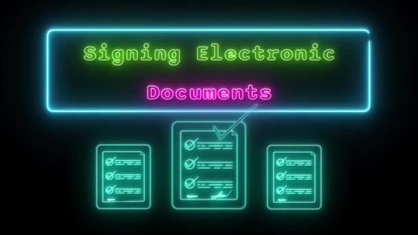 Signing Electronic Documents Neon Green Pink Fluorescent Text Animation Blue — Stock Video
