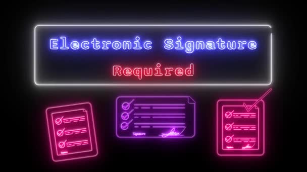 Elektronik Imza Siyah Arkaplan Üzerinde Neon Kırmızı Mavi Floresan Metin — Stok video