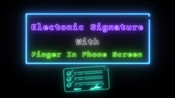 Elektoniczny Podpis Palcem Ekranie Telefonu Neon Zielono Niebieski Fluorescencyjny Tekst — Wideo stockowe