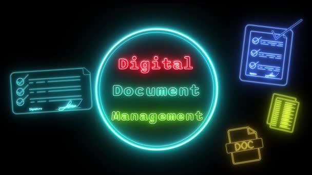 Ψηφιακή Διαχείριση Εγγράφων Νέον Κόκκινο Πράσινο Μπλε Φθορισμού Κείμενο Κινουμένων — Αρχείο Βίντεο