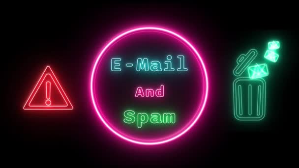 Mail Spam Néon Verde Azul Texto Fluorescente Animação Moldura Rosa — Vídeo de Stock