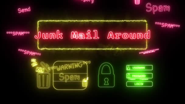 Junk Mail Neon Red Texto Fluorescente Animação Moldura Amarela Sobre — Vídeo de Stock