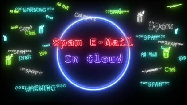 Spam Mail Cloud Neon Rood Blauw Fluorescerende Tekst Animatie Blauw — Stockvideo