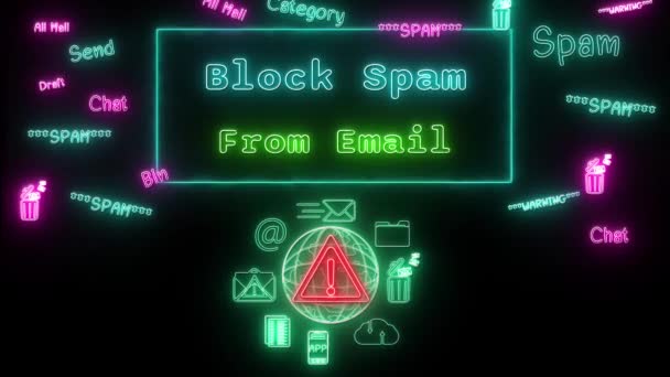 Block Spam Email Neon Green Blue Fluorescent Text Animation Green — Stock Video