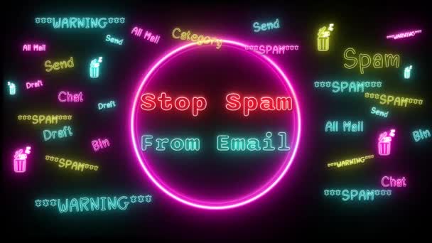 Zastavit Spam Mailu Neon Červenomodrý Fluorescenční Text Animace Růžový Rám — Stock video