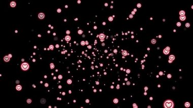 Sevgililer Günü konseptinin animasyon parçacığı aşk kalp efekti videoları siyah arkaplan, hareket grafiği.