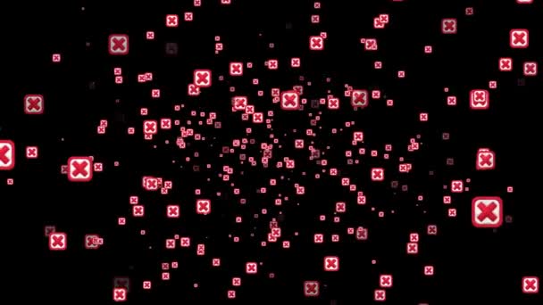 クロスチェックマークアイコンボタンのアニメーション化された粒子と黒の背景のキャンセル記号ボタンの不適切なシンボル モーショングラフィック — ストック動画