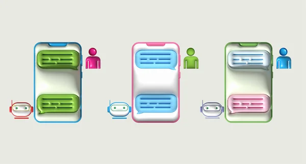 3D illustration chat symbol icon talking to robot via mobile phone