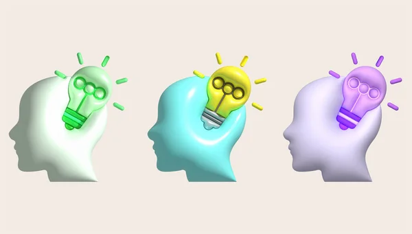 3D illustration, a light bulb on the head work idea concept