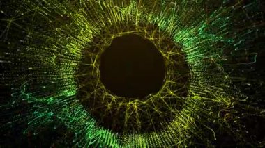 Soyut yeşil ışık parçacığı hareketi kara delik üzerinde koyu ton arkaplan 3d görüntüleme