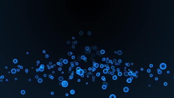 黒の背景に地面に跳ね返る青いガラスボールのアイコン粒子 — ストック動画