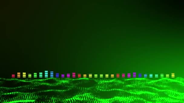 緑の光粒子勾配を背景にした3次元抽象多色音波パターン 音響スペクトルダンス 音波アニメーション — ストック動画